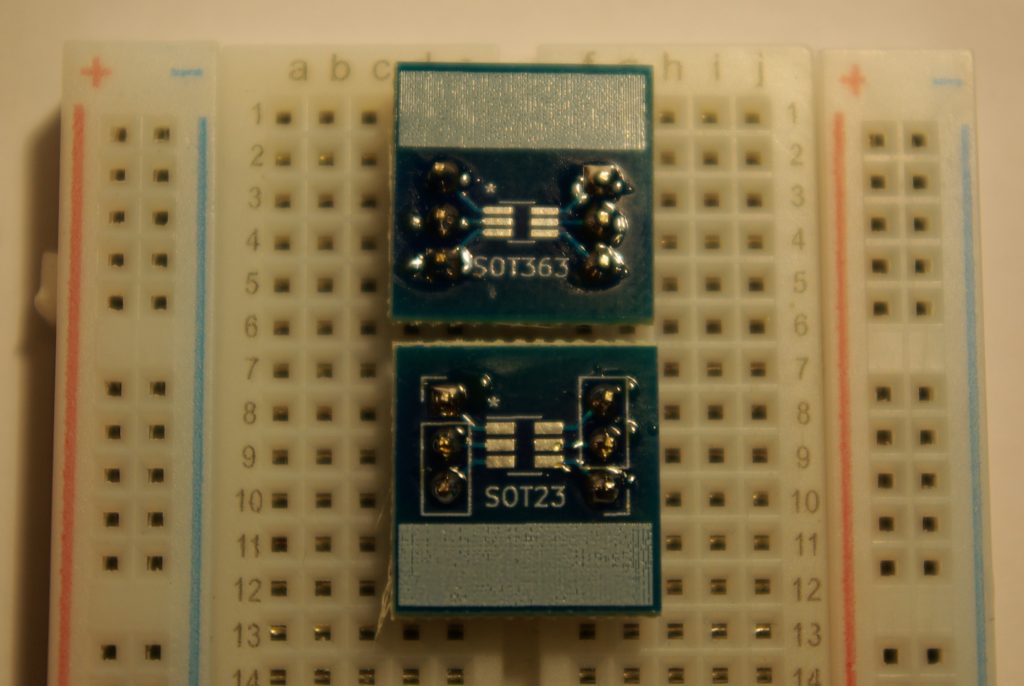 SOT363 and SOT23 breakout boards in a breadboard